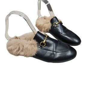 Vertundy Fully Fur-Lined‎ Black Leather Loafers With Gold Buckle Detail Size 6.5